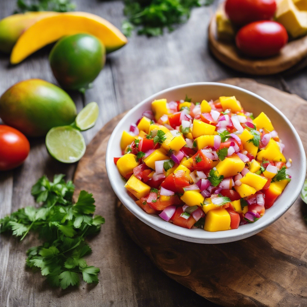 a bowl of fresh mango salsa containing diced tomato, mango, cilantro and onion sits atop a wood cutting board